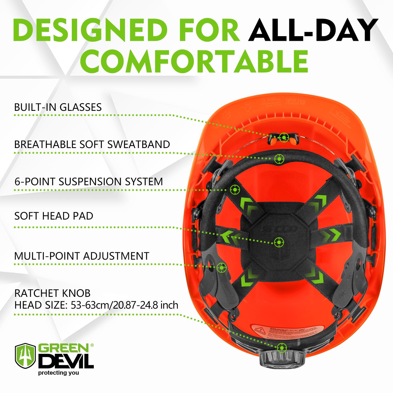 GREEN DEVIL helmet worn by arborist in forest demonstrating real-world debris protection