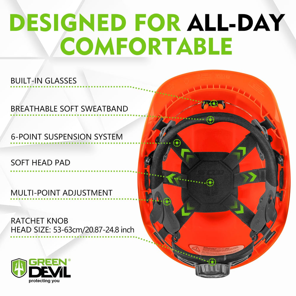 GREEN DEVIL helmet worn by arborist in forest demonstrating real-world debris protection