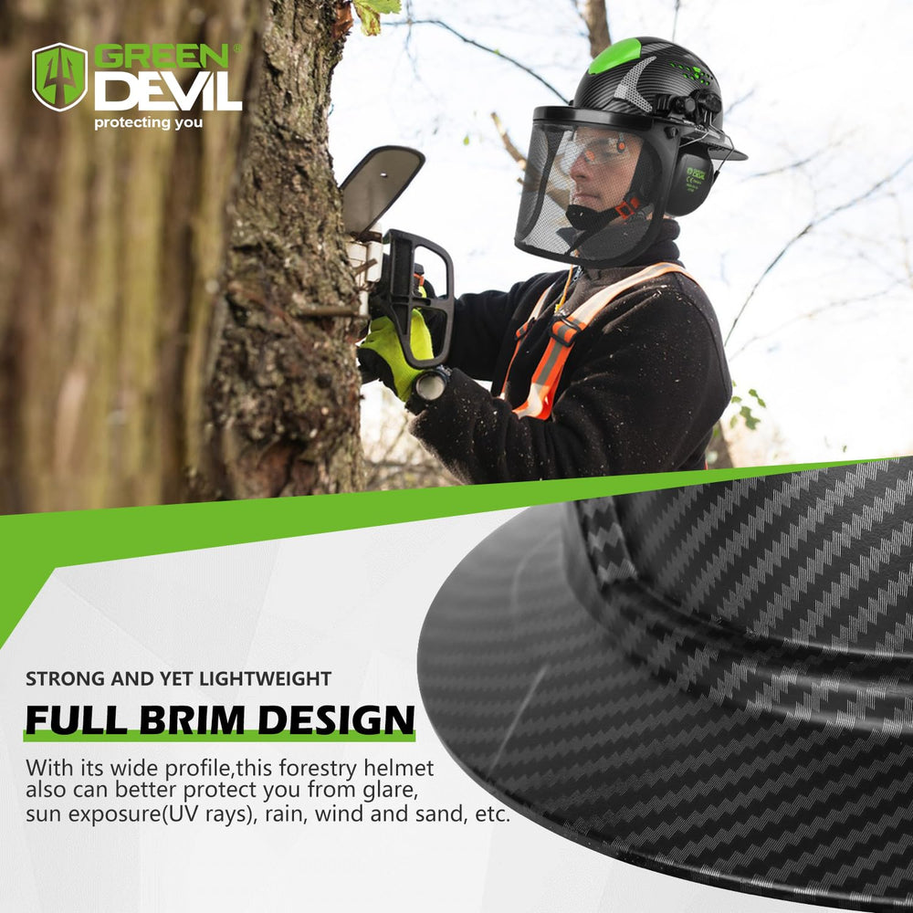 GREEN DEVIL arborist wearing helmet in forest demonstrating complete protective system