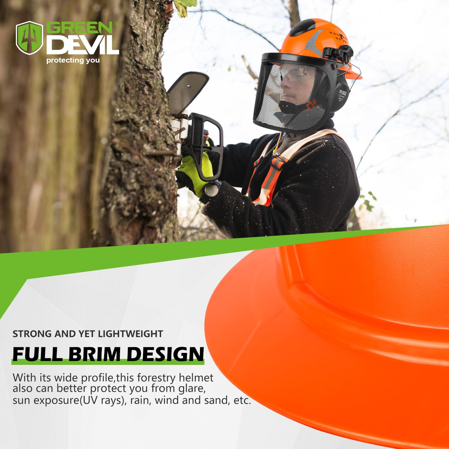 GREEN DEVIL helmet worn in a forestry setting showing practical protective use