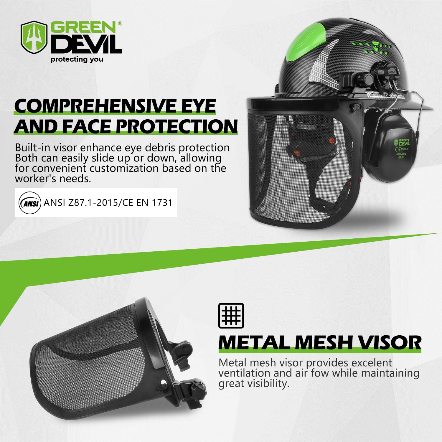 GREEN DEVIL side profile with built-in visor lowered, improving eye safety and visibility
