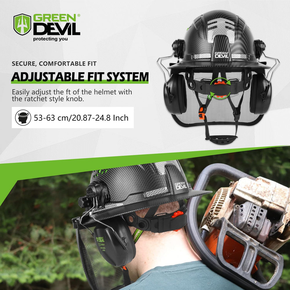 GREEN DEVIL helmet next to backpack to show scale and portable on-job convenience