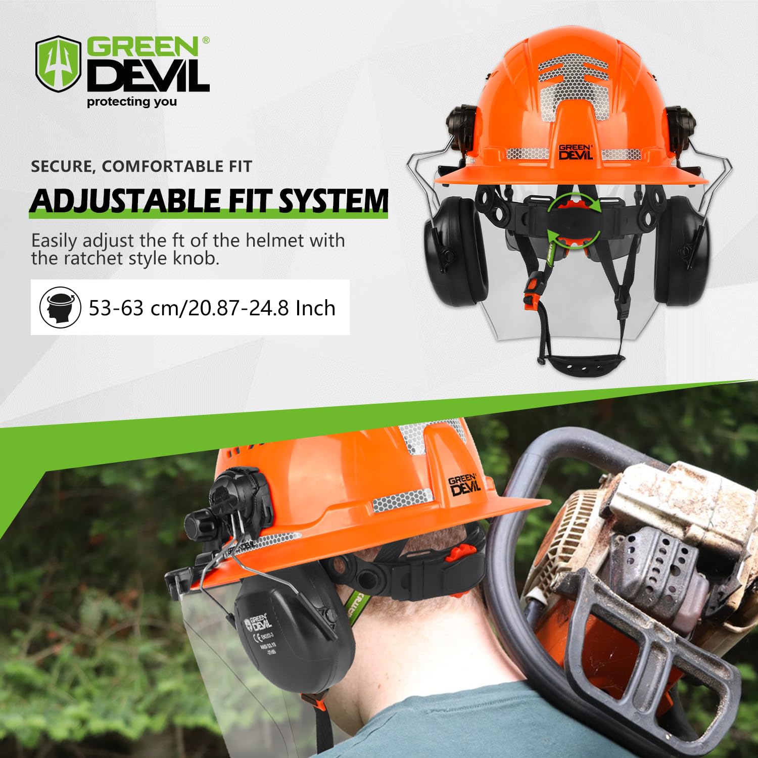 GREEN DEVIL arborist wearing helmet demonstrates field protection
