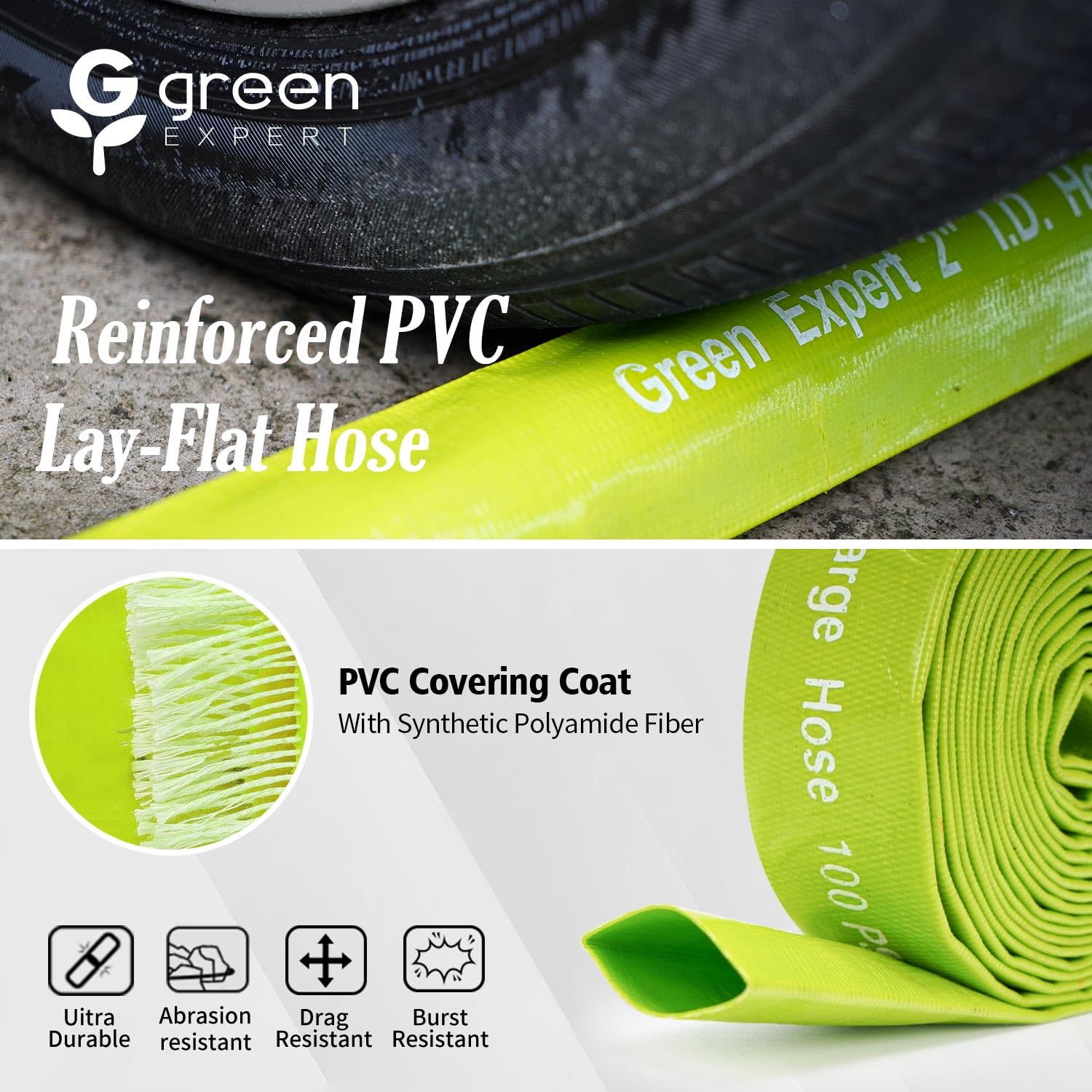 G green EXPERT hose in use during pool backwash showing efficient water transfer and clean discharge