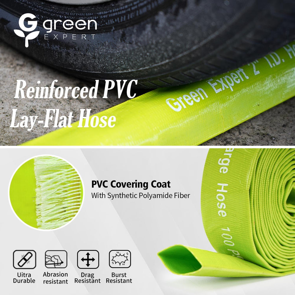 G green EXPERT hose in use during pool backwash showing efficient water transfer and clean discharge