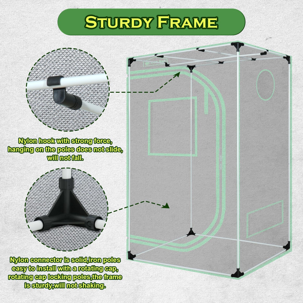 Green Hut tent with LED light and inline fan installed showing ready-to-grow equipment compatibility