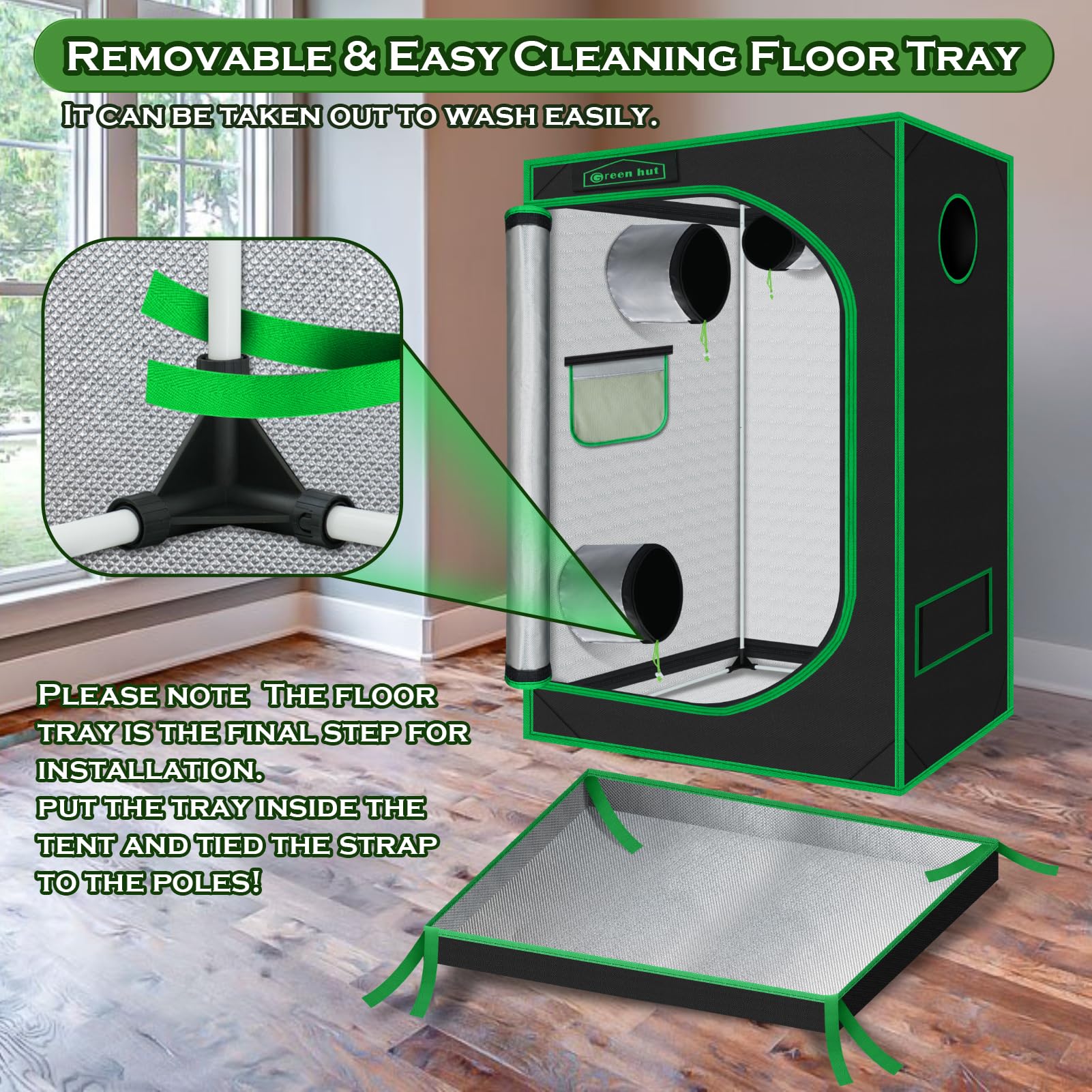 Green Hut tent with LED lights and inline fan installed demonstrating ready-to-use setup