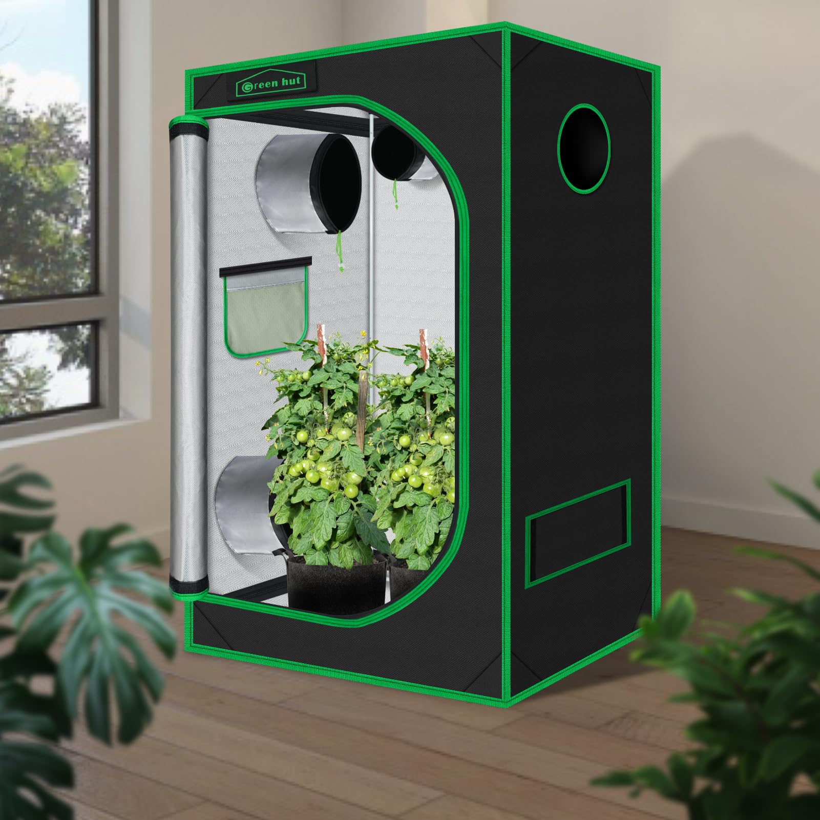Green Hut tent open door revealing interior access for planting and easy maintenance benefit