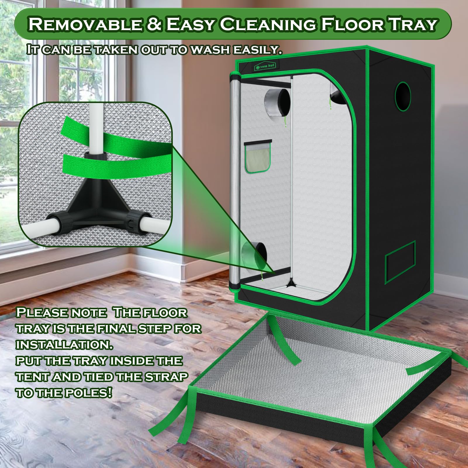 Green Hut removable mylar floor tray shown for easy cleaning and light reflection