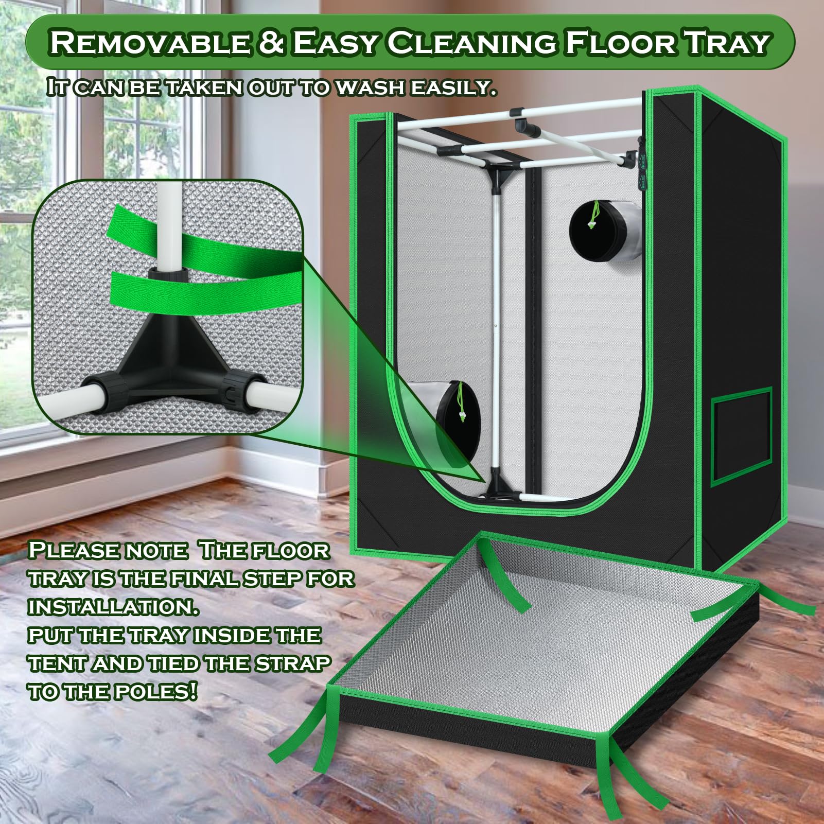 Green Hut removable Mylar floor tray focusing on easy cleaning and spill protection benefit