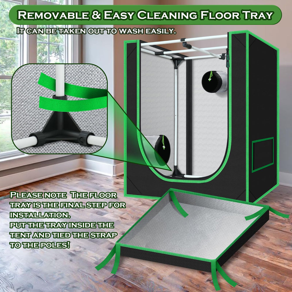 Green Hut removable Mylar floor tray focusing on easy cleaning and spill protection benefit