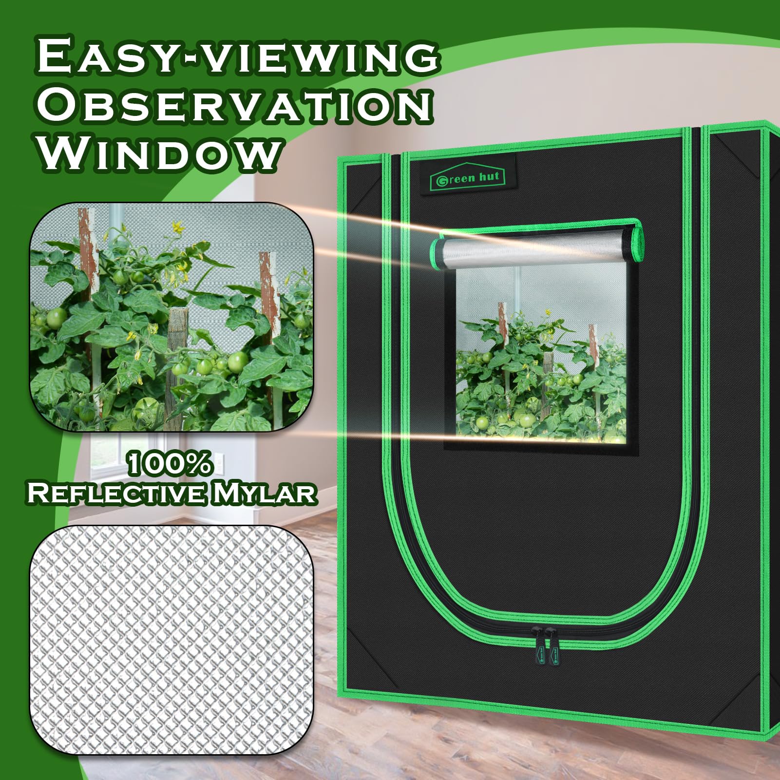 Green Hut close-up of heavy-duty zipper and double stitching ensuring light-proof durability