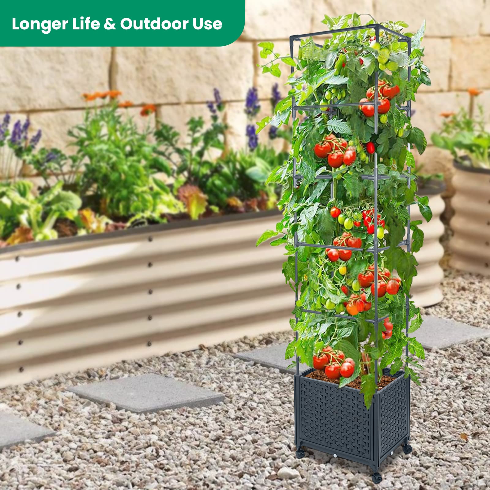 GREEN MOUNT planter beside patio chair showing size and portability for small-space gardeners