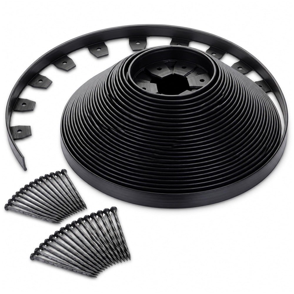 Green orange front view of 4-inch 120-ft edging kit showing roll and stakes for tidy borders