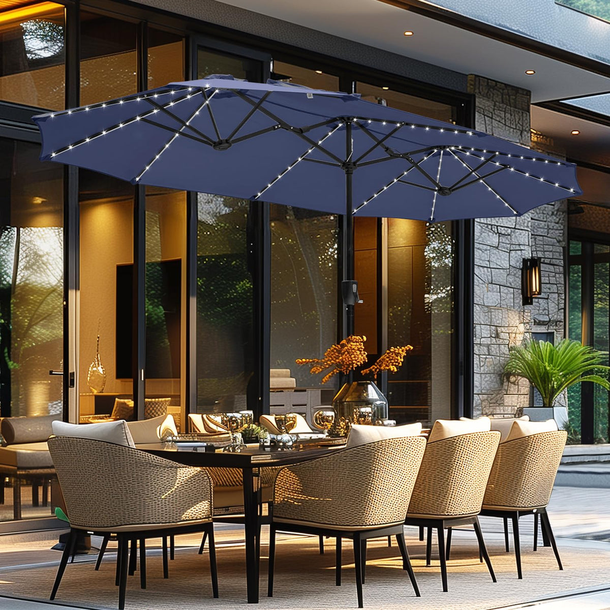 GREEN PARTY front view of 13ft rectangular umbrella showcasing wide shade benefit