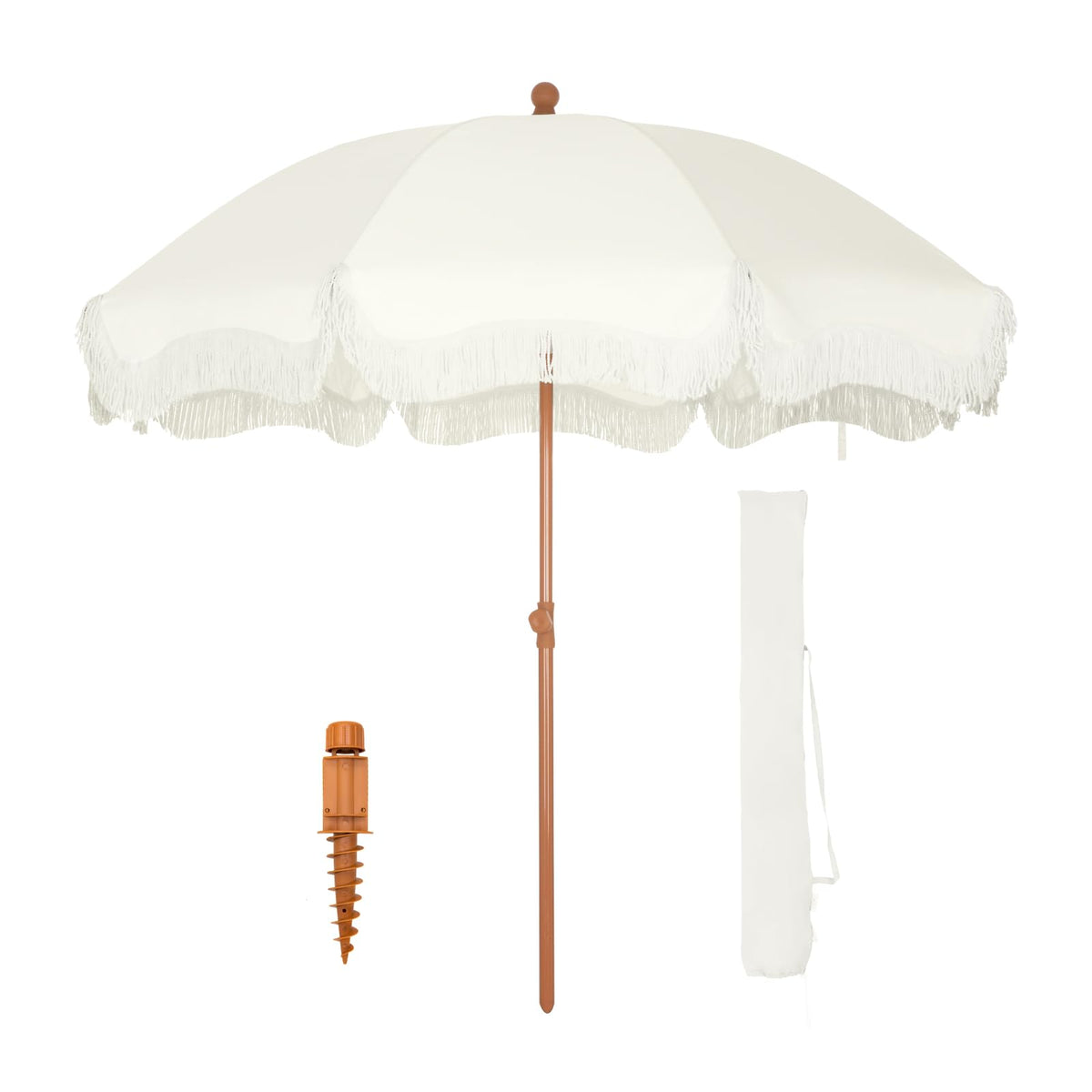 GREEN PARTY front view of white fringe umbrella showing full canopy and tassels for stylish shade