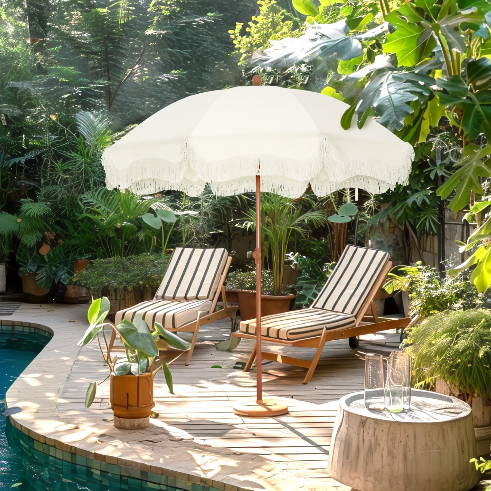 GREEN PARTY umbrella in beach setting shading two people for comfortable outdoor use