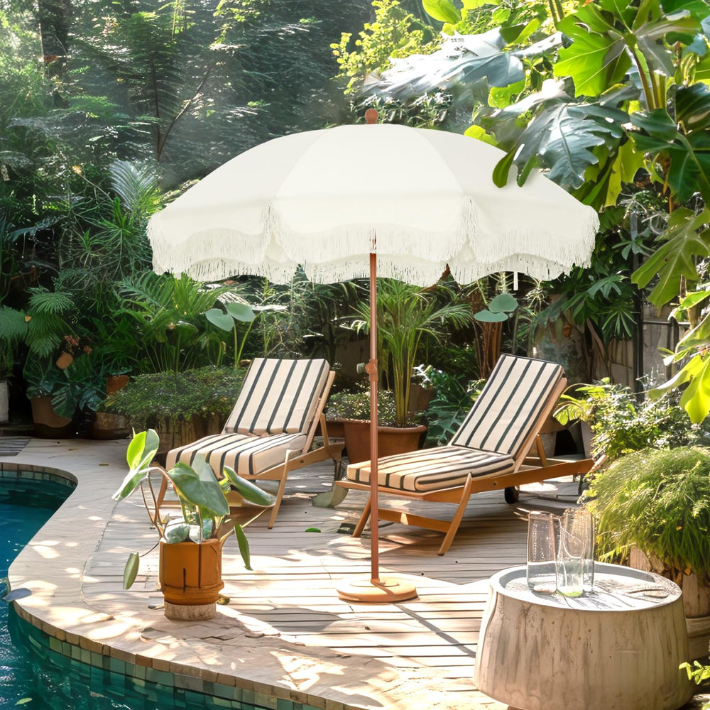 GREEN PARTY umbrella in beach setting shading two people for comfortable outdoor use