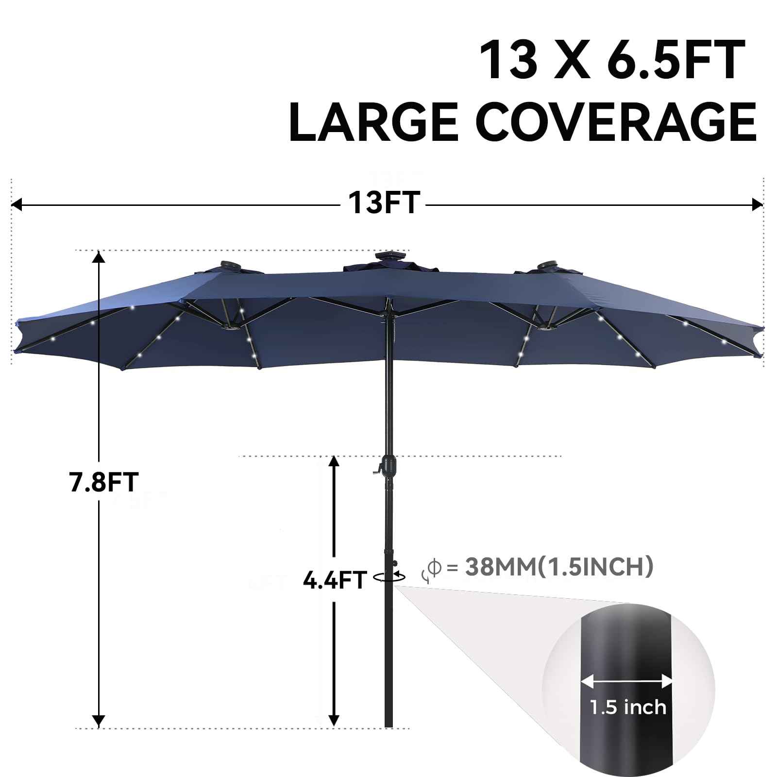 GREEN PARTY lit umbrella over patio demonstrating evening entertaining benefit