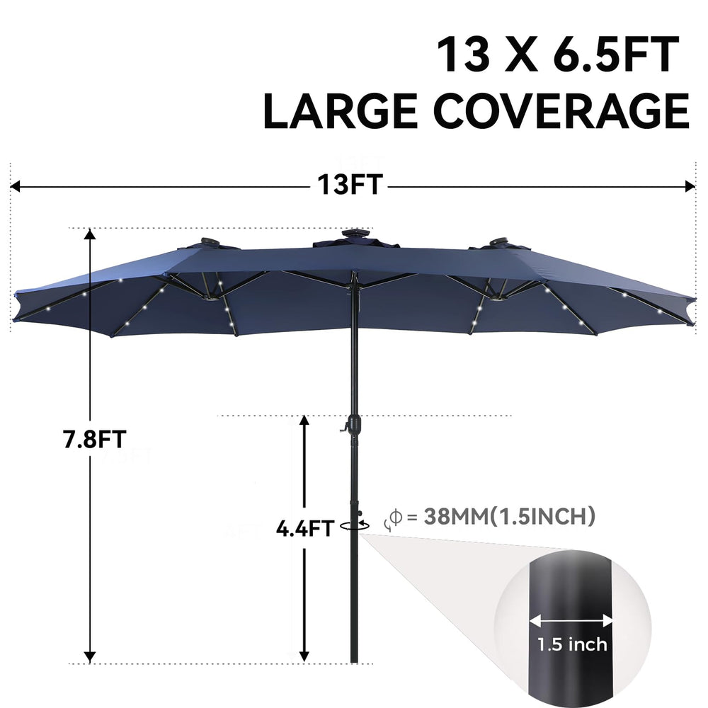 GREEN PARTY lit umbrella over patio demonstrating evening entertaining benefit