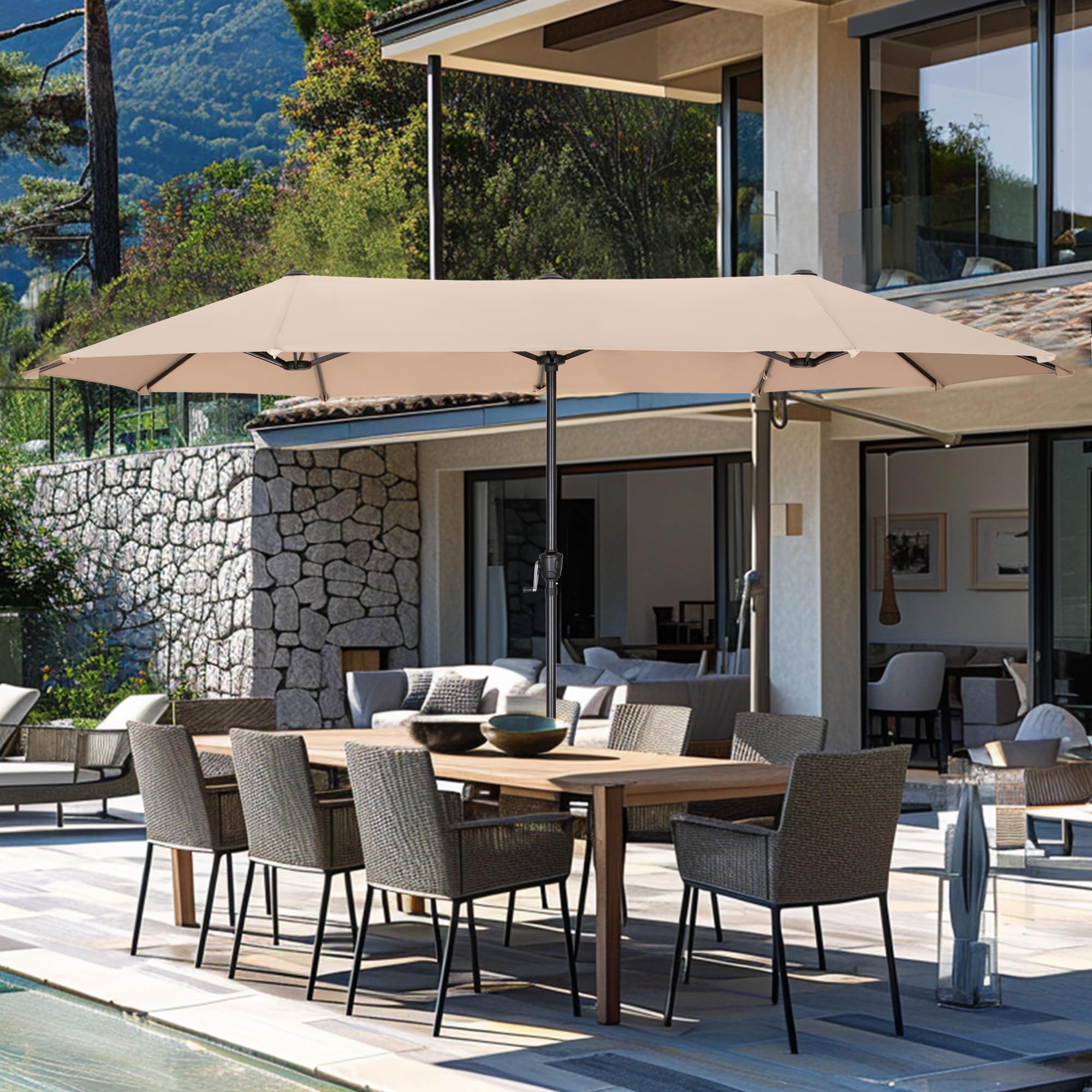 GREEN PARTY umbrella in lifestyle patio scene providing stylish shade