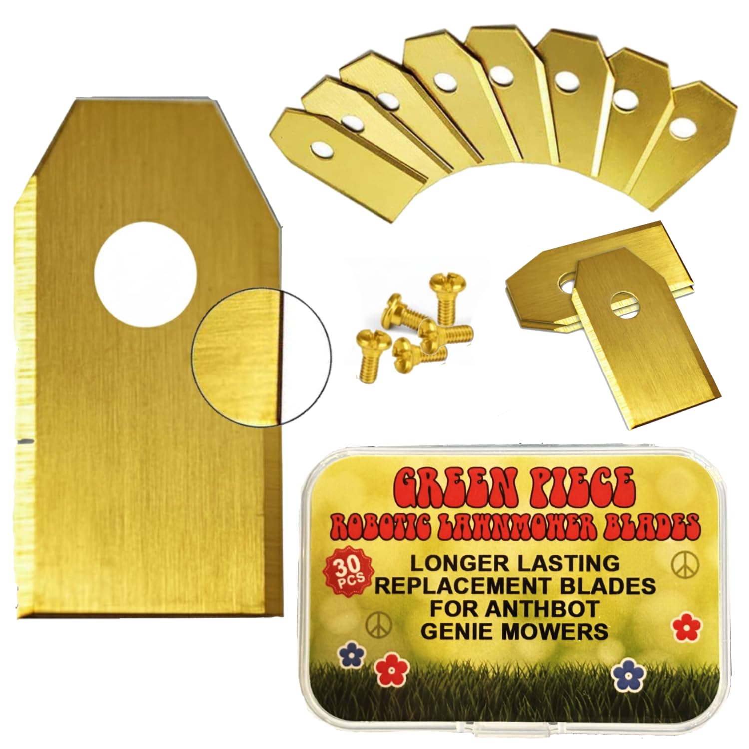 Green Piece front packaging showing 30 blades and screws, easy replacement
