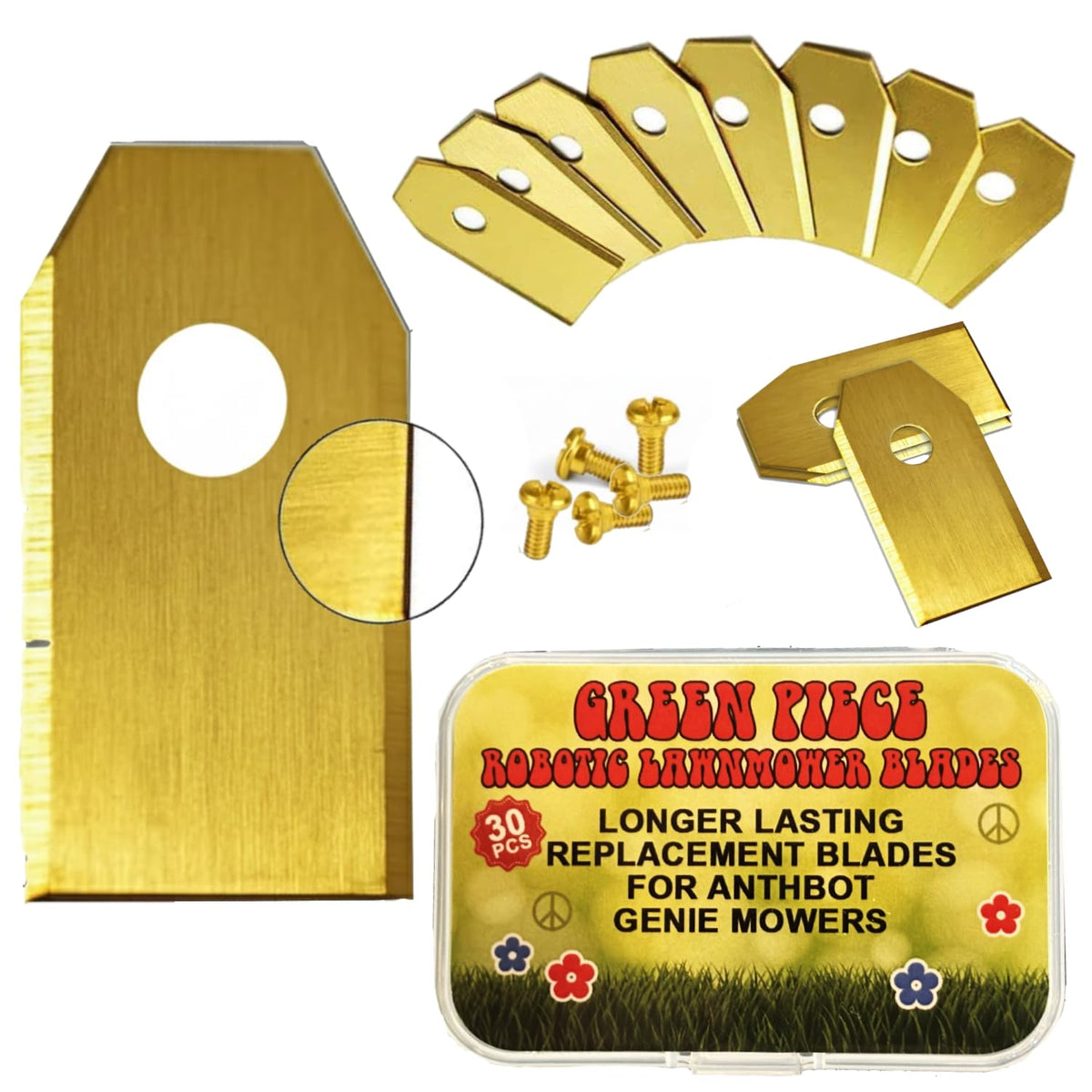 Green Piece front packaging showing 30 blades and screws, easy replacement