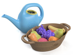 Green Toys watering can and basket front view showing colorful play and recycled material benefits
