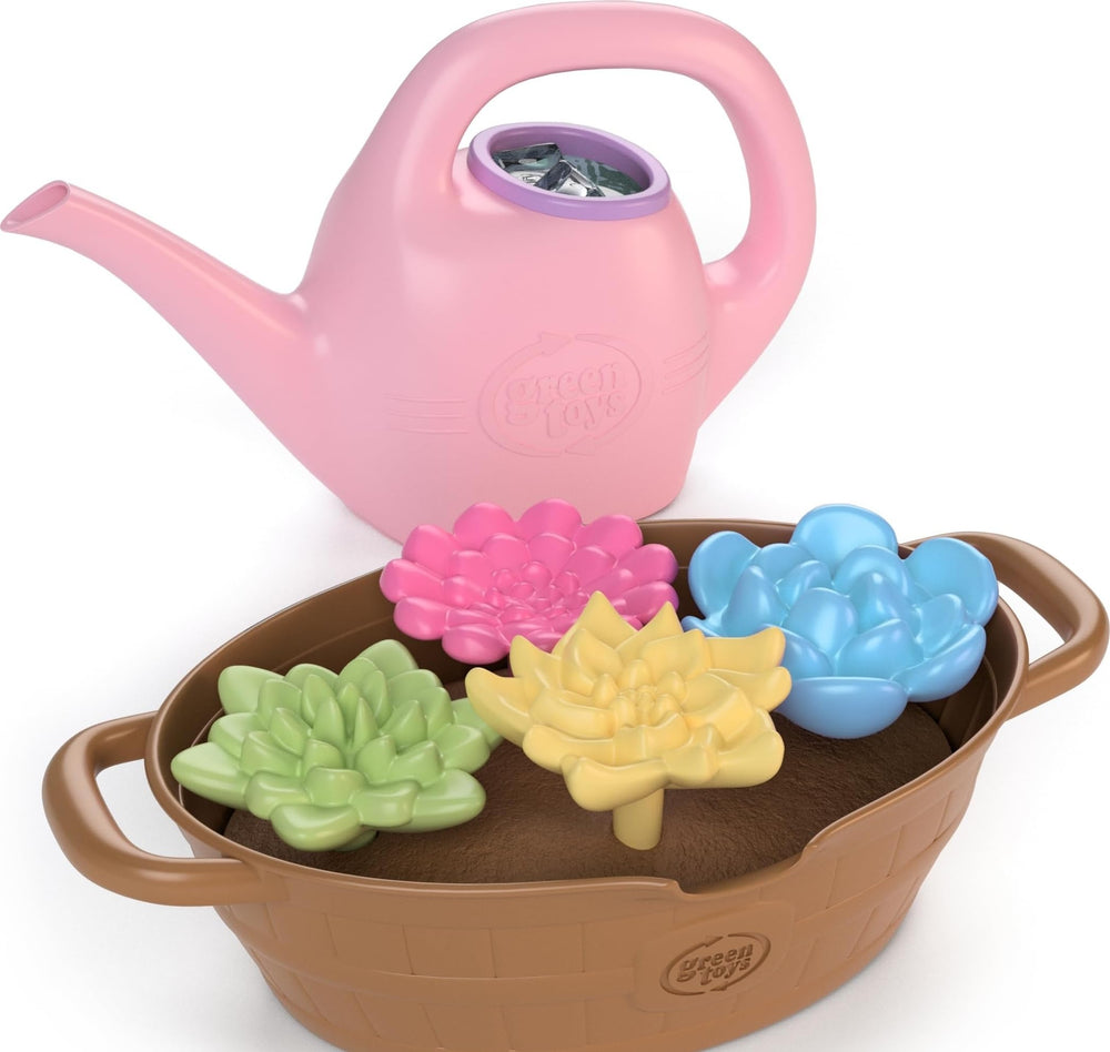 Green Toys watering can front view showing ergonomic handle and easy-pour spout benefit
