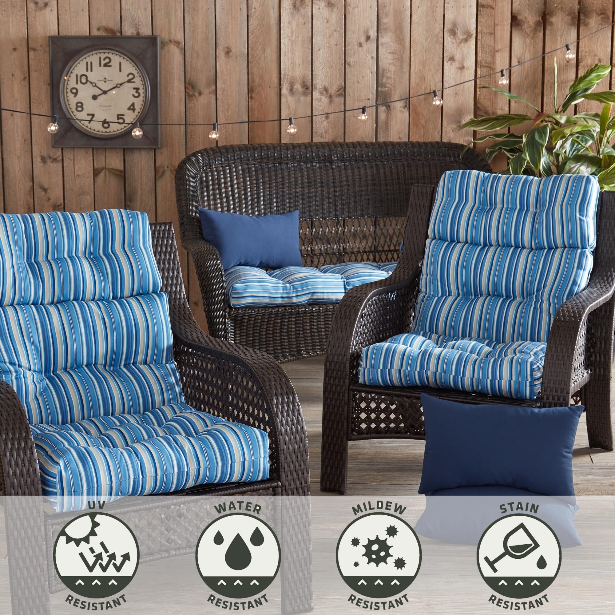Greendale Home Fashions cushions on patio chair illustrating comfortable outdoor seating setup