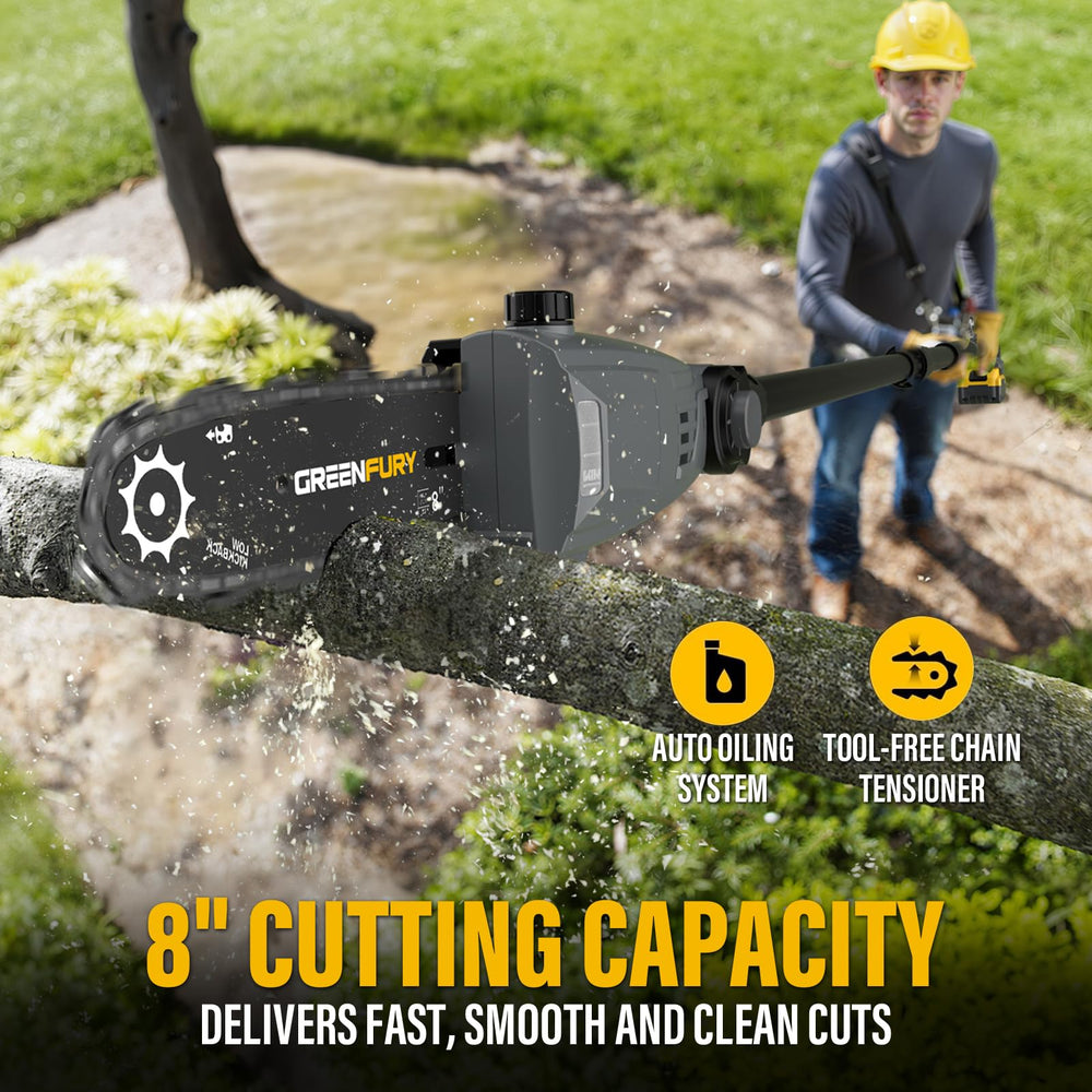 GREENFURY adjustable head demonstrating 135° pivot and 0°–30° pole saw tilt control