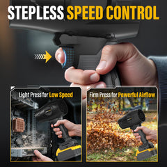 GREENFURY blower in use on yard clearing leaves for faster cleanup