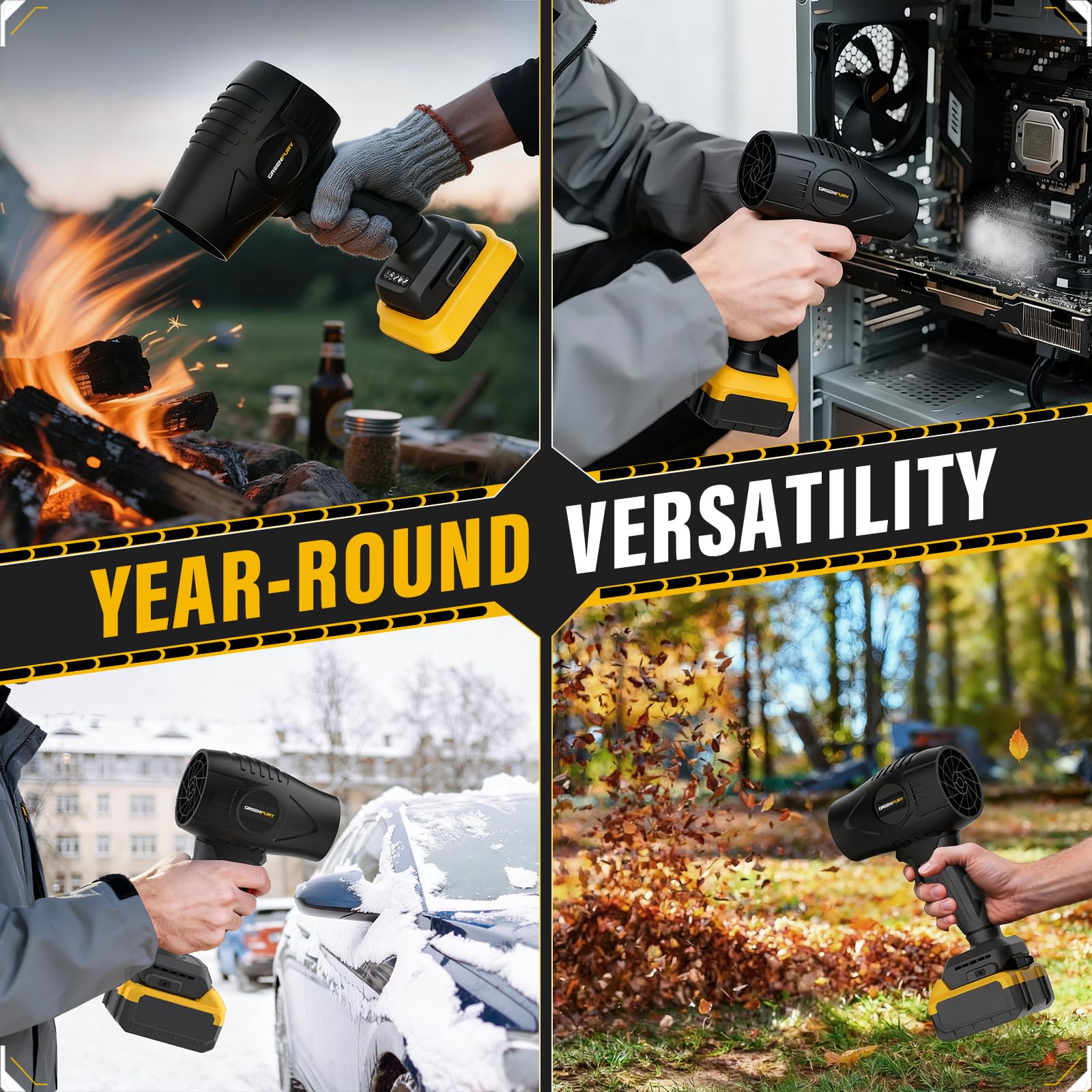 GREENFURY with DEWALT 20V battery inserted demonstrating battery compatibility