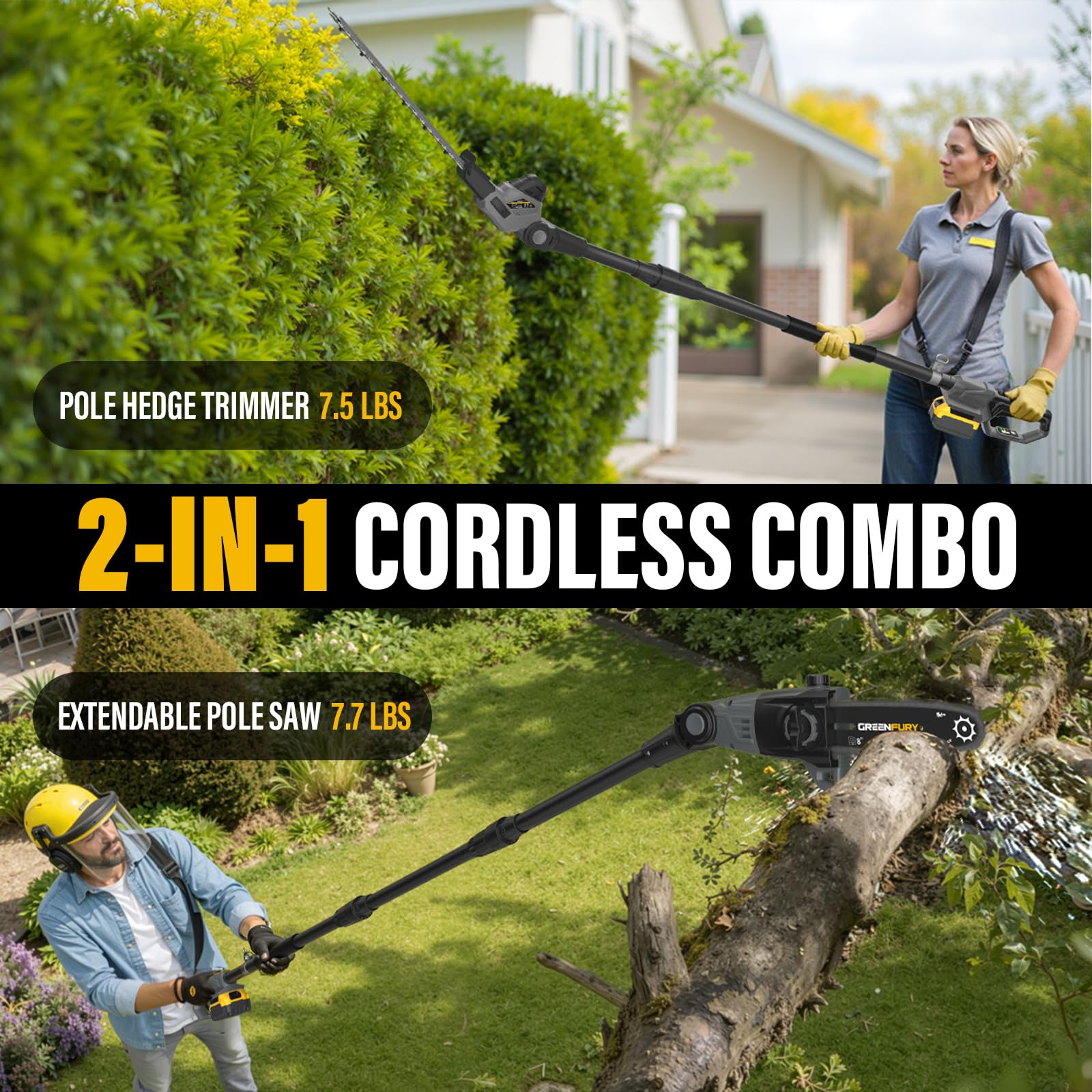 GREENFURY close-up of 18 inch dual-action blade delivering smoother, low-vibration trimming