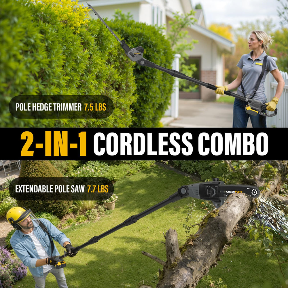 GREENFURY close-up of 18 inch dual-action blade delivering smoother, low-vibration trimming
