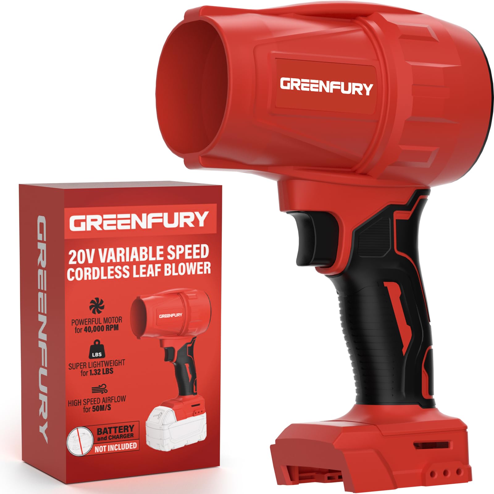 GREENFURY front view of blower showing compact profile and benefit of portability