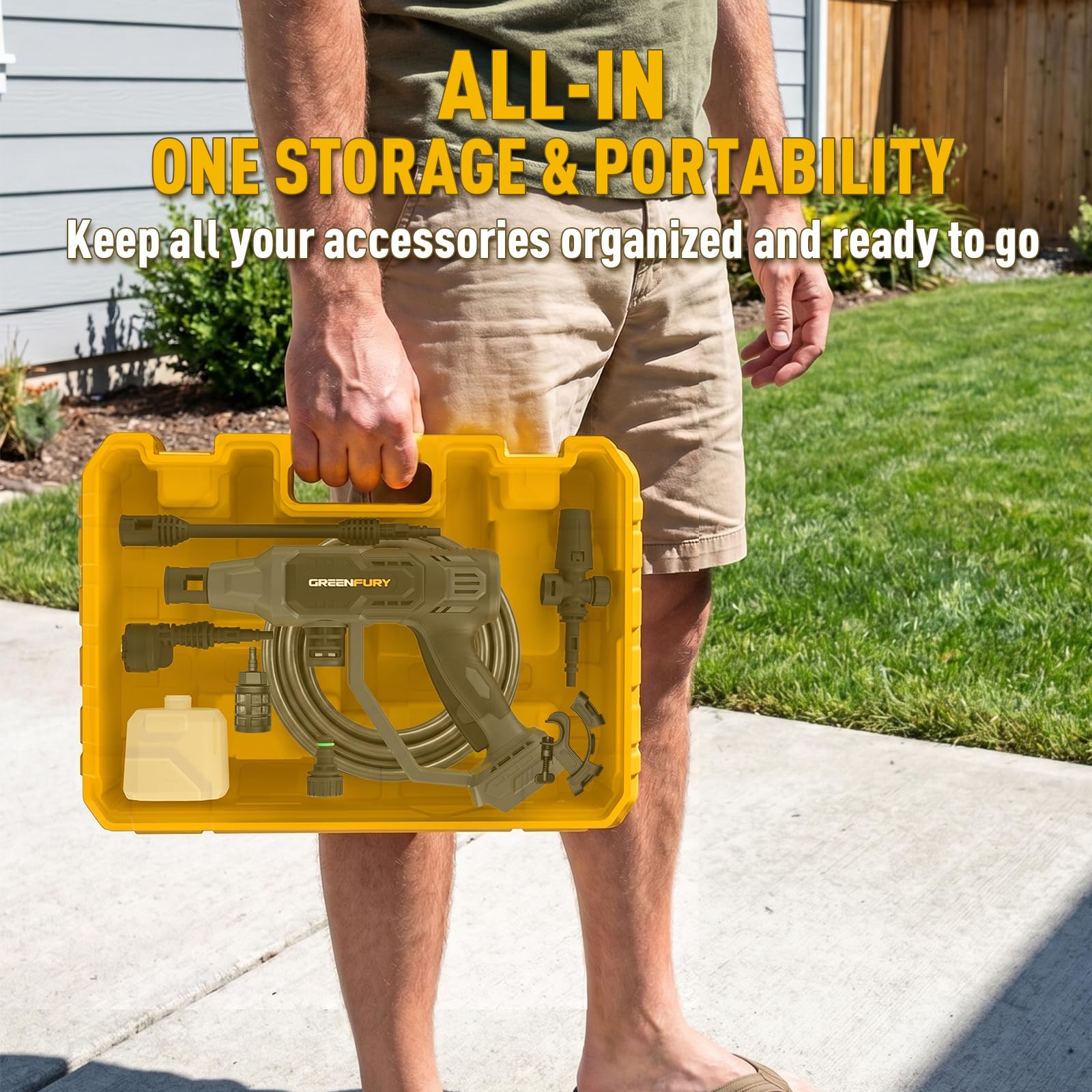 GREENFURY washing a car in driveway, cordless convenience benefit