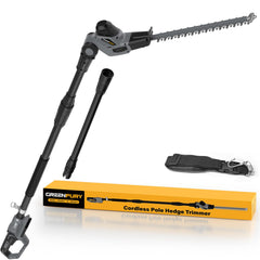 GREENFURY front view of pole trimmer showing controls and compatibility benefit