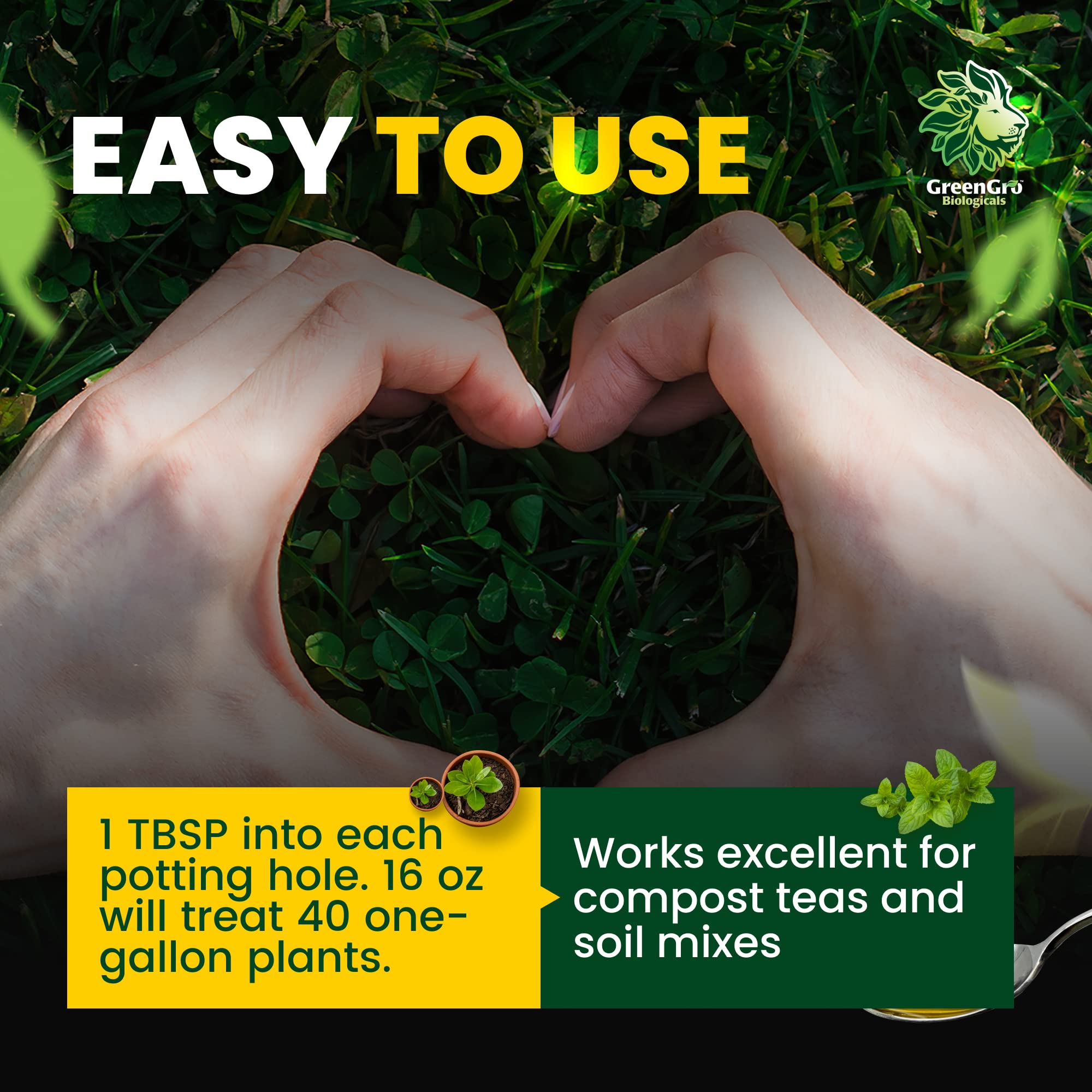 GreenGro product label close-up showing ingredients and application benefits