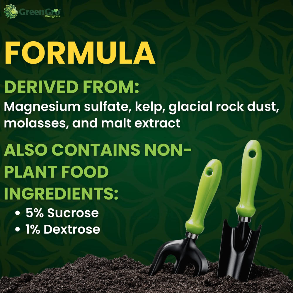 GreenGro label close-up listing kelp, rock dust, malt extract benefits