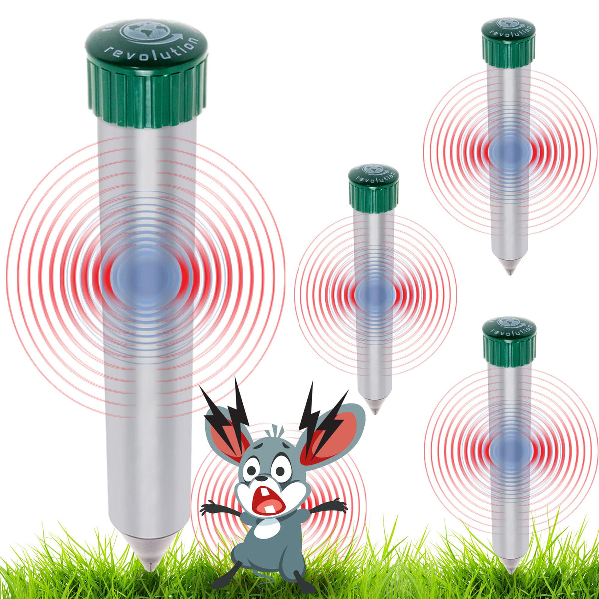 GreenLighting front view of four mole chaser stakes showing coverage and compact design benefit