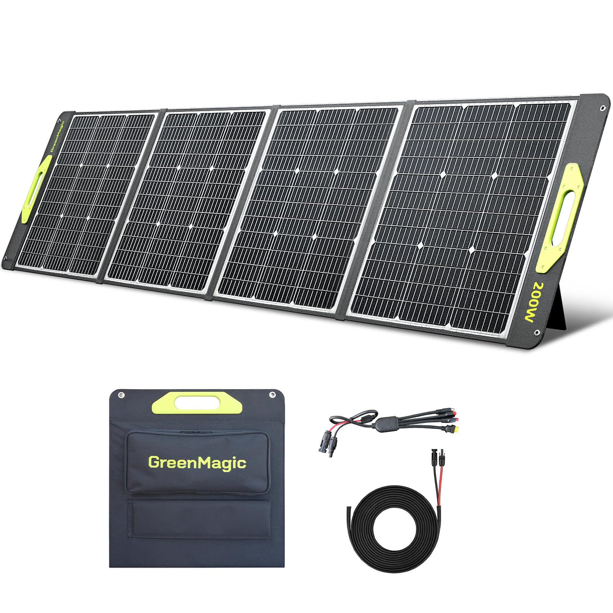 Greenmagic folded 200W panel front view showing compact portability and easy carry