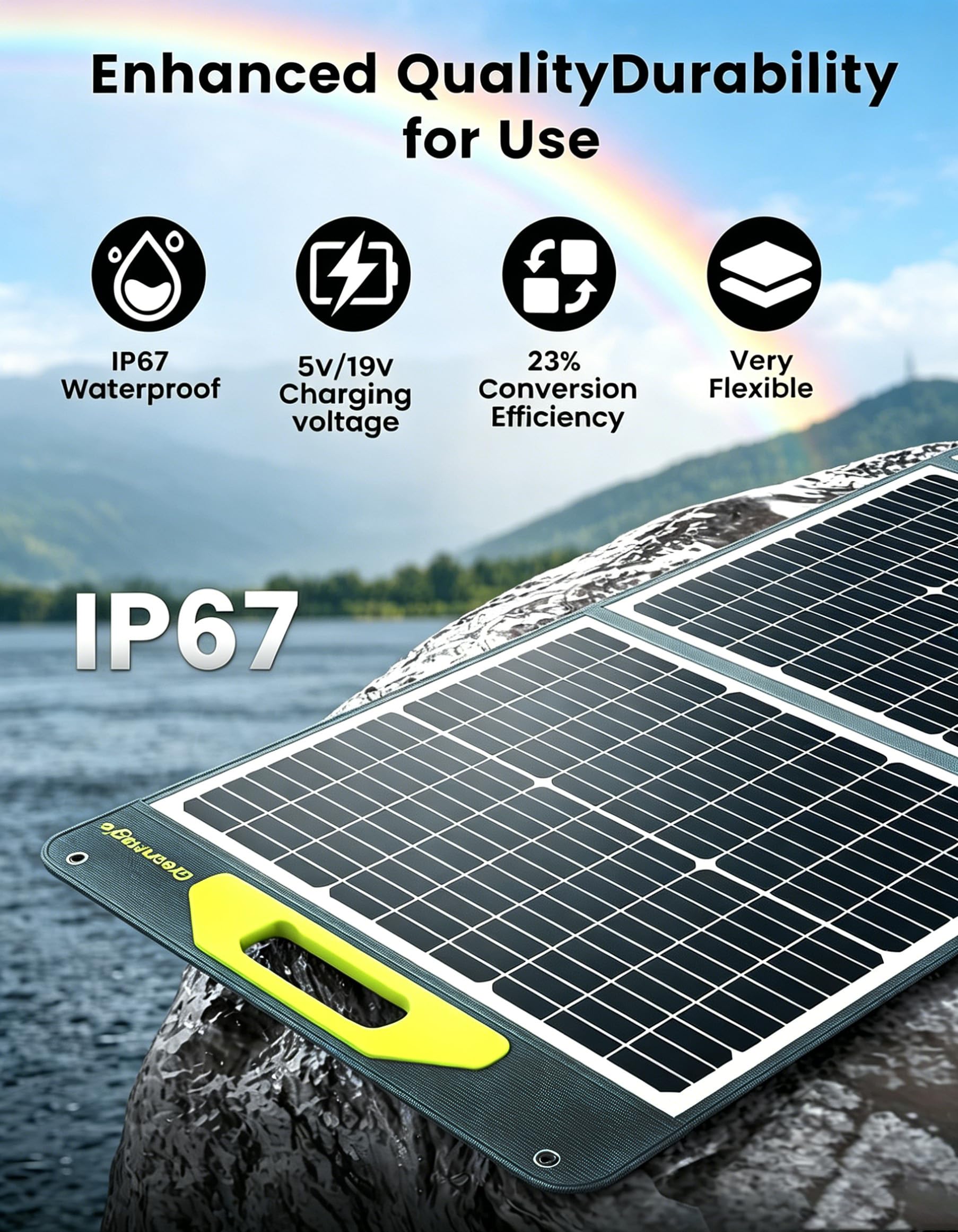 Greenmagic panel set up at campsite providing off-grid power and quick charging