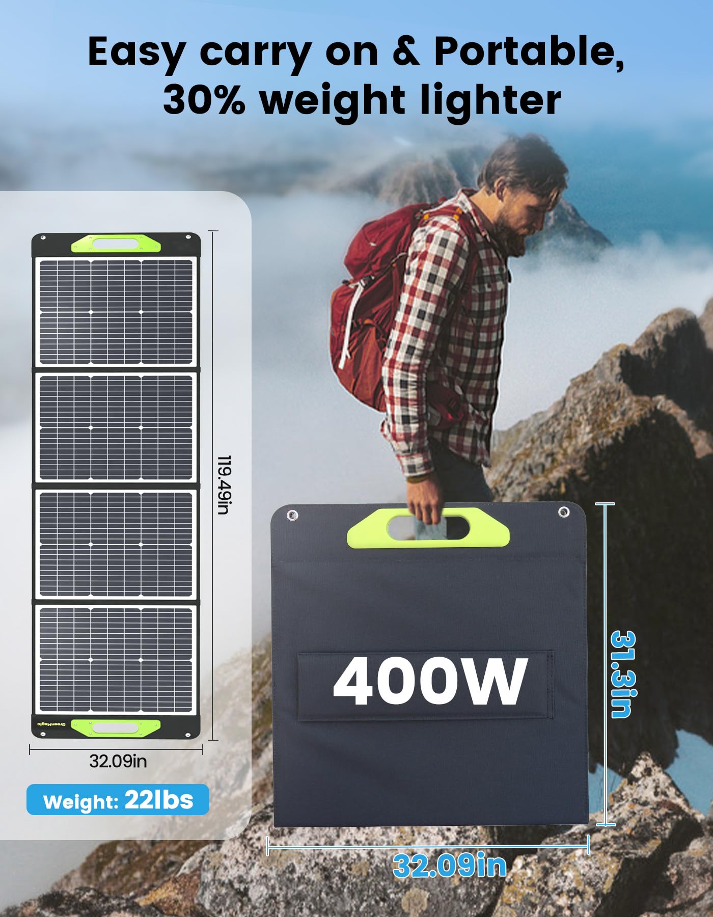 Greenmagic 400W folded briefcase with handle, portable for travel convenience