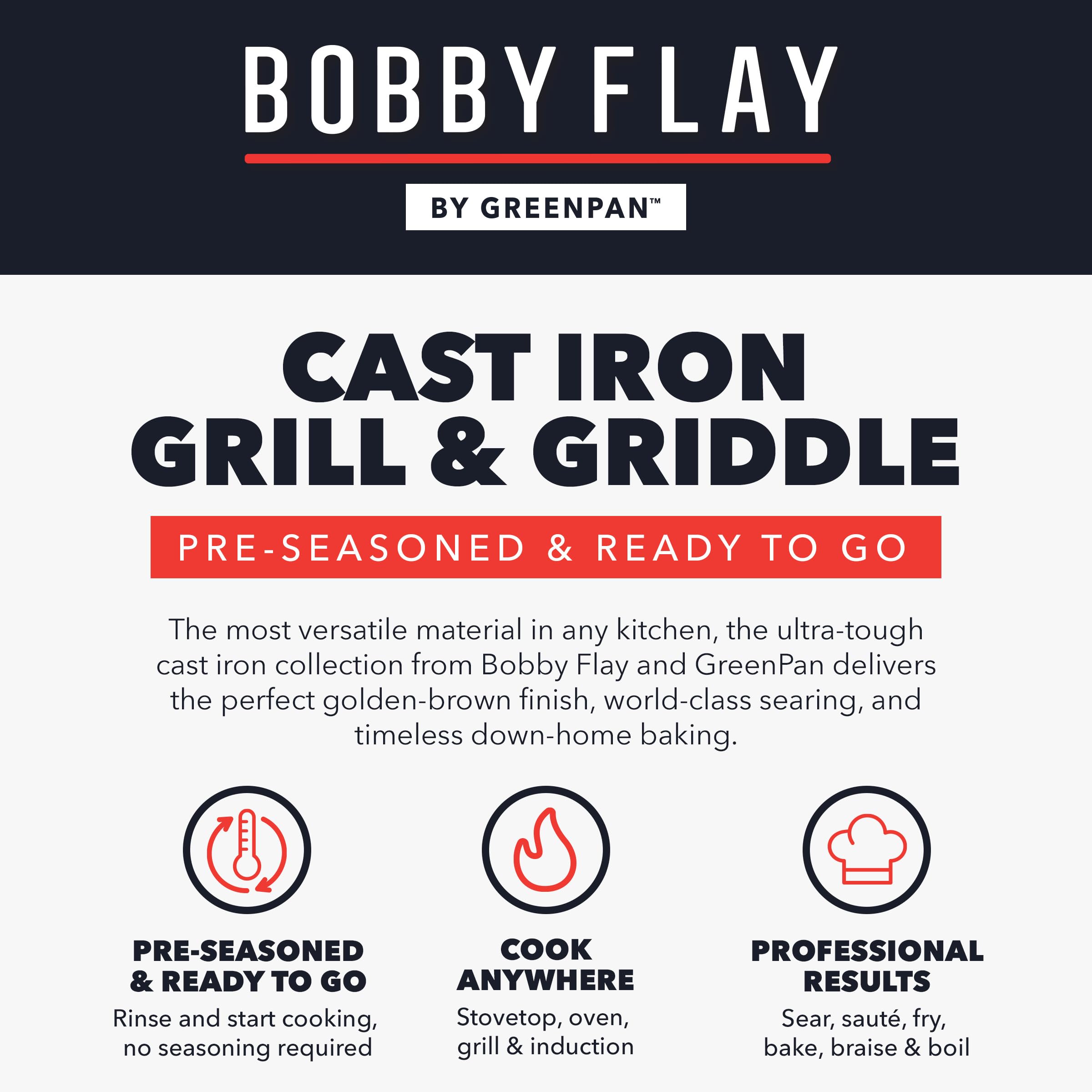 GreenPan Bobby Flay press next to hand to show 6.5-inch size for fitting skillets