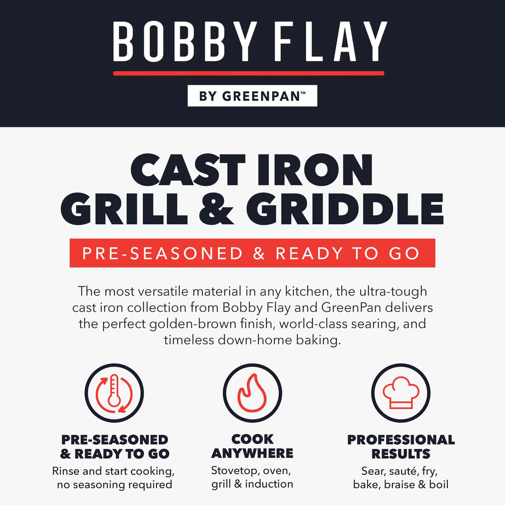GreenPan Bobby Flay press next to hand to show 6.5-inch size for fitting skillets