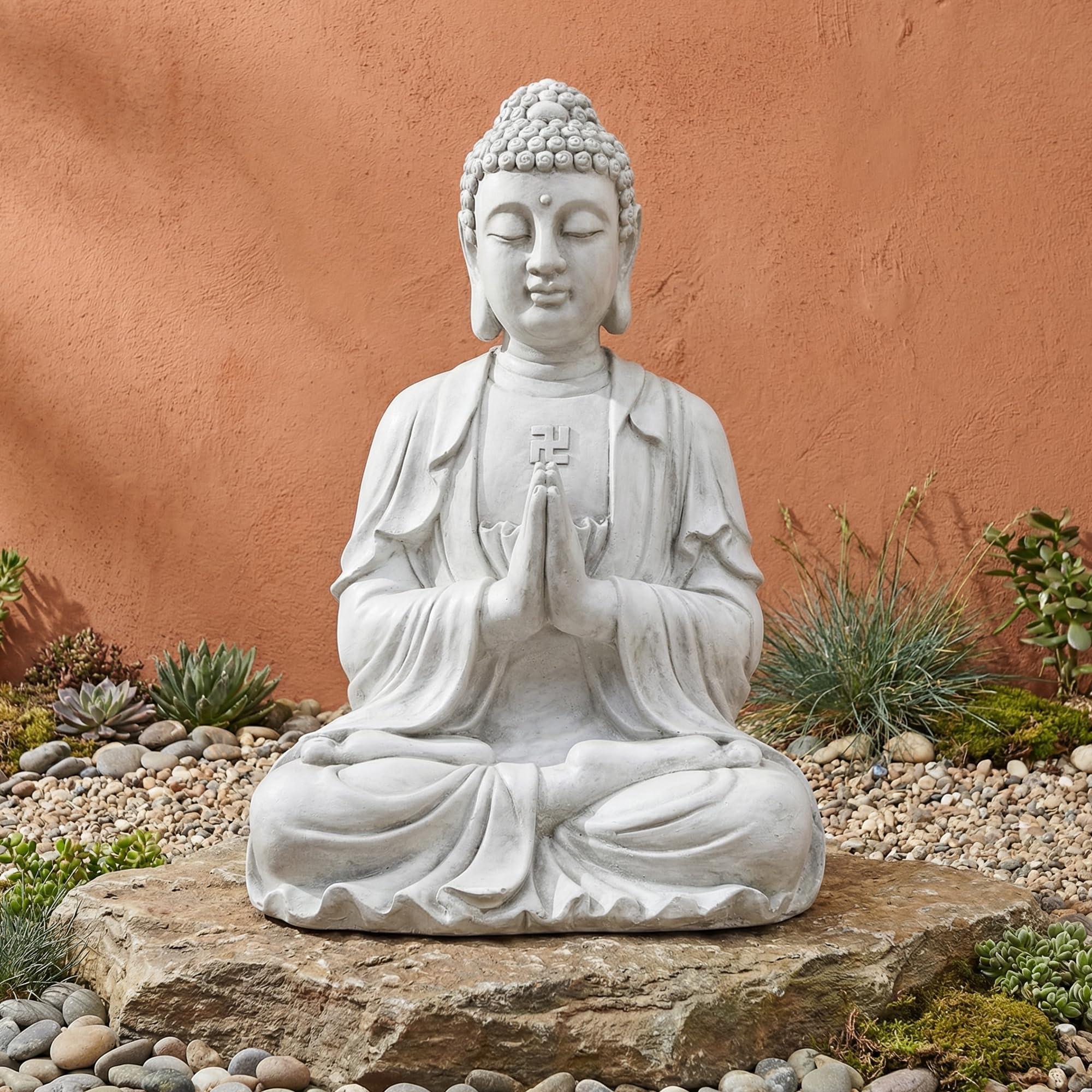 Greens Word front view of white Buddha statue showing tranquil presence and elegant decor benefit