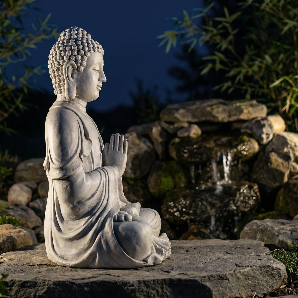 Greens Word statue placed in garden among plants offering landscape focal point benefit