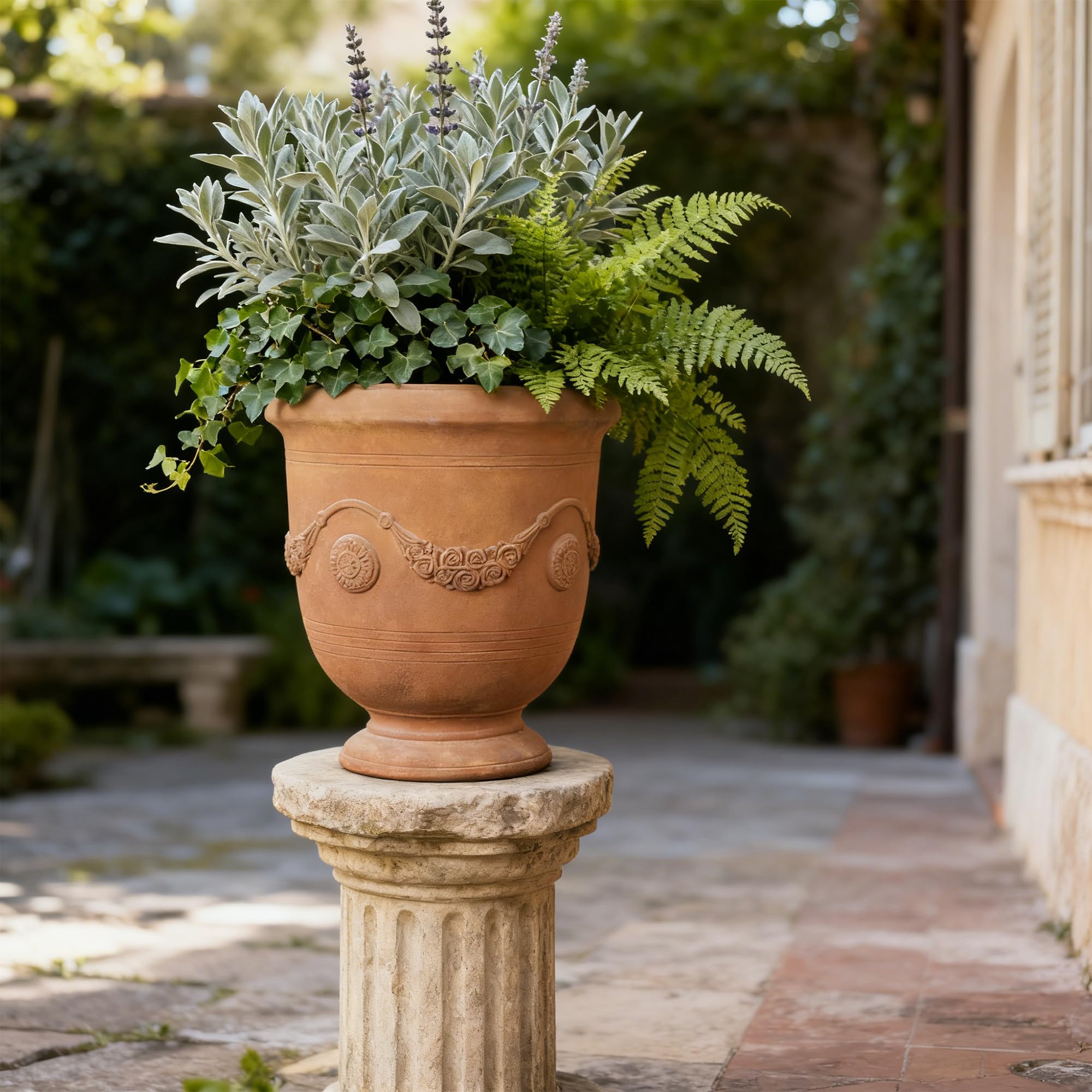 Greens Word planter filled with colorful flowers showing seasonal display vibrancy