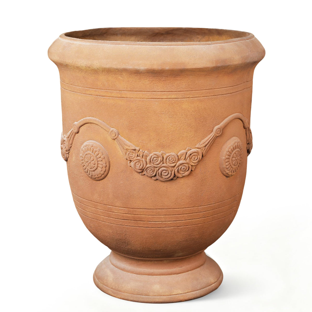 Greens Word front view of rust urn planter showing classic silhouette and curb appeal